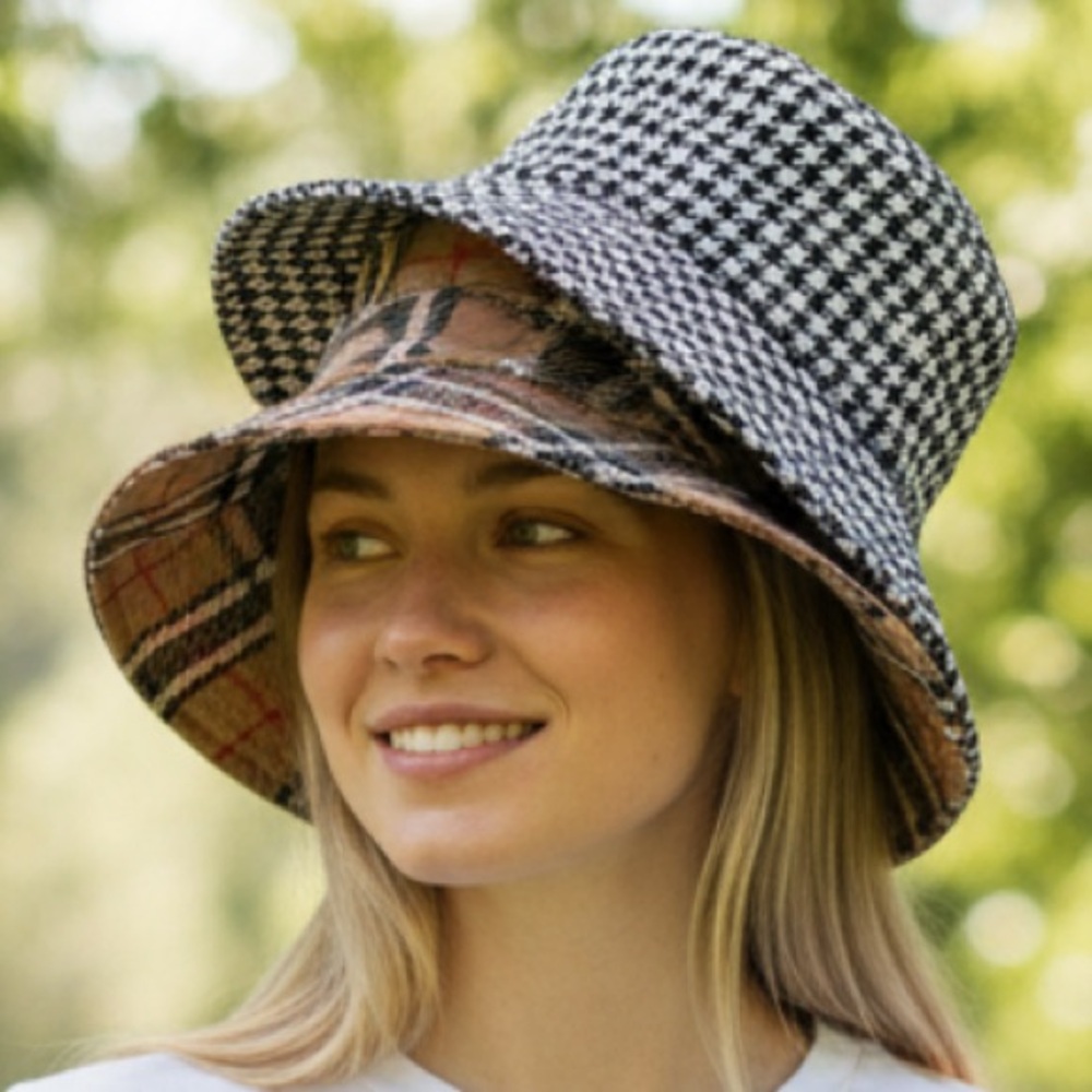 Trendy Boutique Black and Brown Houndstooth Reversible Hat